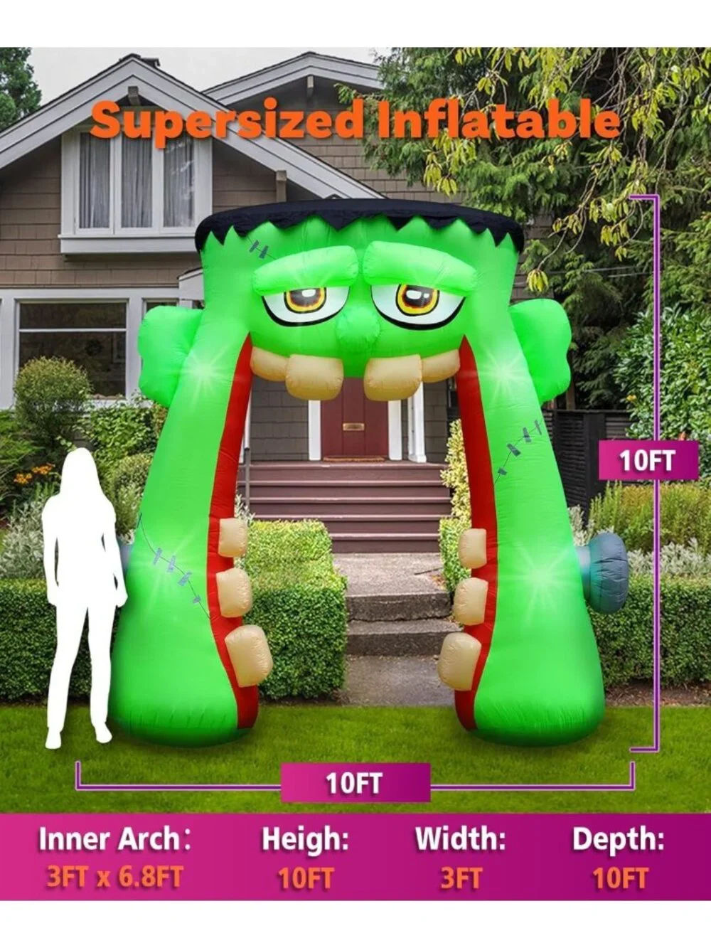 10FT Halloween Inflatable Monster Mouth Archway with LEDs for Outdoor Decor